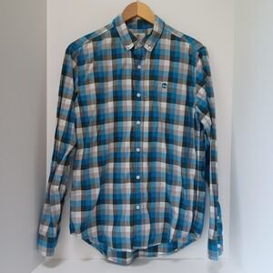 Timberland Shirt Mens Med Slim Fit Blue White Gray Plaid Long Sleeve Button Down